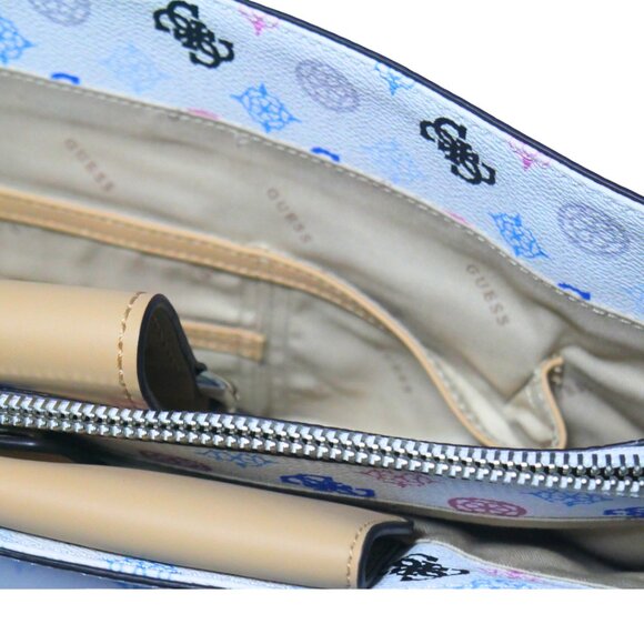 NEW Guess Greta Tote Handbag White Multi Logo Print Faux Leather Tan Trim Studde - Picture 8 of 10